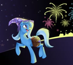 Size: 1270x1140 | Tagged: safe, artist:kilo, imported from derpibooru, trixie, pony, unicorn, female, fireworks, happy, mare, saddle bag, smiling, solo