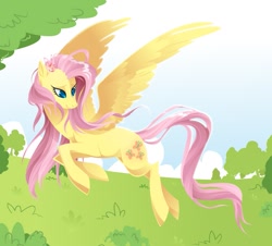 Size: 833x754 | Tagged: safe, artist:kilo, imported from derpibooru, fluttershy, pony, female, flower, flower in hair, flying, looking at something, looking down, solo, spread wings