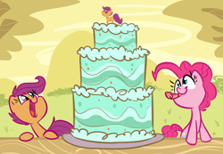 Size: 1280x886 | Tagged: dead source, safe, artist:tess, imported from derpibooru, pinkie pie, scootaloo, cake