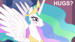 Size: 1276x714 | Tagged: safe, imported from derpibooru, princess celestia, blushing, bronybait, cute, cutelestia, hug, hug request, smiling