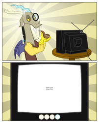 Size: 1050x1299 | Tagged: safe, imported from derpibooru, discord, exploitable meme, meme, monocle, not for ms paint, pipe, sunburst background, template, tv meme