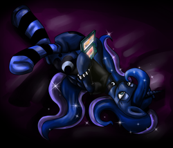 Size: 2600x2230 | Tagged: safe, artist:alvh-omega, imported from derpibooru, princess luna, dragonite, umbreon, gamer luna, clothes, female, high res, nintendo ds, on back, pokémon, socks, solo, striped socks, t-shirt