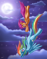 Size: 1297x1600 | Tagged: safe, artist:knifeh, imported from derpibooru, rainbow dash, scootaloo, crying, dream, falling, scootalove