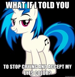 Size: 400x414 | Tagged: safe, imported from derpibooru, dj pon-3, vinyl scratch, pony, unicorn, caption, image macro, looking at you, meme, text, trollbait