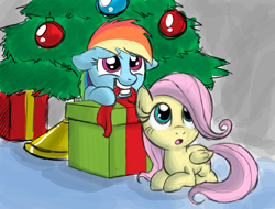 Size: 1022x778 | Tagged: safe, artist:thex-plotion, imported from derpibooru, fluttershy, rainbow dash, beautiful, christmas, christmas tree, cute, dashabetes, duo, filly, filly fluttershy, filly rainbow dash, mouth hold, present, shyabetes, tree, younger