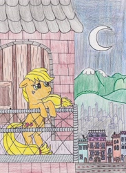 Size: 2324x3183 | Tagged: safe, artist:darkknightwolf2011, imported from derpibooru, applejack, pony, balcony, crescent moon, female, high res, manehattan, moon, night, sad, solo, traditional art