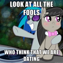 Size: 400x400 | Tagged: safe, imported from derpibooru, dj pon-3, octavia melody, vinyl scratch, blushing, image macro, meme, text, trollbait