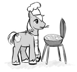 Size: 700x650 | Tagged: safe, artist:angeban, imported from derpibooru, big macintosh, earth pony, pony, apple, apron, barbeque, clothes, grayscale, male, monochrome, solo, stallion