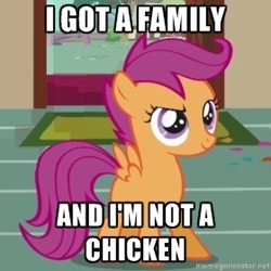 Size: 280x280 | Tagged: safe, edit, edited screencap, imported from derpibooru, screencap, scootaloo, pony, the cutie mark chronicles, female, image macro, meme, solo, text