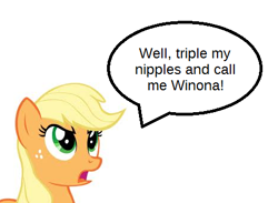 Size: 468x342 | Tagged: safe, imported from derpibooru, applejack, earth pony, pony, bust, dialogue, female, portrait, reaction image, simple background, solo, speech bubble, white background