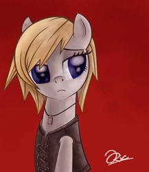 Size: 1920x2208 | Tagged: safe, artist:cainescroll, imported from derpibooru, aya brea, blonde, blue eyes, clothes, gray coat, jewelry, necklace, parasite eve, ponified, red background, simple background, vest