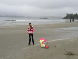 Size: 600x450 | Tagged: safe, imported from derpibooru, apple bloom, earth pony, human, pony, beach, irl, irl human, michelle creber, photo, ponies in real life, vector, voice actor joke