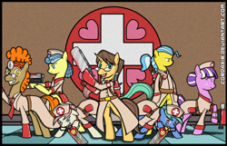 Size: 3500x2254 | Tagged: dead source, safe, artist:cordaxir, imported from derpibooru, doctor fauna, doctor horse, doctor muffin top, doctor stable, hippocrates, horse md, nurse coldheart, nurse redheart, nurse snowheart, nurse sweetheart, nurse tenderheart, earth pony, pony, unicorn, bipedal, clothes, crossover, cutie mark, doctor, eyes closed, gun, high res, male, medic, mouth hold, nurse, stallion, team fortress 2, vet, weapon