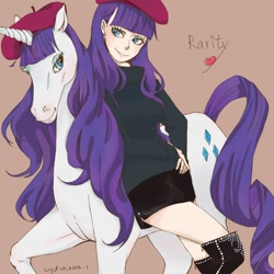 Size: 1000x1000 | Tagged: safe, artist:mamo, artist:まも, imported from derpibooru, rarity, horse, human, unicorn, beatnik rarity, bedroom eyes, beret, boots, clothes, earring, female, hat, heart, human ponidox, humanized, leaning, pixiv, pony sized pony, realistic, smiling, solo, sweater, turtleneck