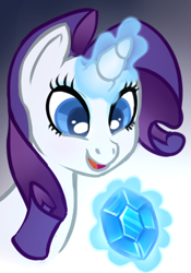 Size: 388x555 | Tagged: safe, artist:skippyrip, imported from derpibooru, rarity, pony, unicorn, colored pupils, cute, female, gem, gradient background, magic, mare, open mouth, raribetes, solo, telekinesis