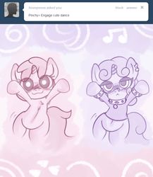 Size: 664x765 | Tagged: safe, artist:askrubypinch, artist:haute-claire, imported from derpibooru, ruby pinch, sweetie belle, pony, unicorn, ask ruby pinch, ask, bipedal, caramelldansen, cute, dancing, diasweetes, duo, female, filly, foal, g4, meanie belle, pinchybetes