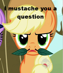 Size: 400x463 | Tagged: safe, imported from derpibooru, screencap, applejack, secret of my excess, caption, hub logo, leaf moustache, moustache, pun