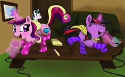 Size: 1300x800 | Tagged: dead source, safe, artist:angelstar7, imported from derpibooru, princess cadance, shining armor, twilight sparkle, blushing, cape, clothes, filly, karaoke, socks, striped socks