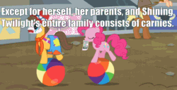 Size: 888x453 | Tagged: safe, edit, edited screencap, imported from derpibooru, screencap, caramel, meadow song, peachy cream, pinkie pie, twilight sparkle, the last roundup, ball, clown, gif, headcanon, image macro, meta, mouth hold, non-animated gif, rodeo clown