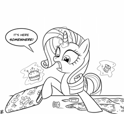 Size: 949x873 | Tagged: safe, artist:sorcerushorserus, imported from derpibooru, rarity, pony, cloth, fabric, magic, measuring tape, monochrome, pincushion, pins, solo, thread