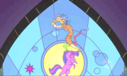 Size: 500x302 | Tagged: safe, imported from derpibooru, screencap, discord, twilight sparkle, season 2, the return of harmony, animated, cute, dancing, discord dance, discute, hub logo, hubble, loop, male, running man, shuffle, solo, stained glass, the hub