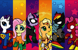 Size: 900x583 | Tagged: safe, artist:chiisai-suzume, imported from derpibooru, applejack, fluttershy, pinkie pie, rainbow dash, rarity, twilight sparkle, aquaman, batman, dc comics, green lantern, green lantern corps, mane six, rar-el, superhero, superman, the flash, wonder woman, wonderjack