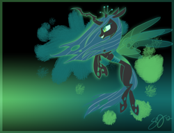 Size: 1300x1000 | Tagged: dead source, safe, artist:probablyfakeblonde, imported from derpibooru, queen chrysalis, changeling, changeling queen, crown, fangs, female, flowing mane, flying, frown, jewelry, regalia, signature, smiling, solo, transparent wings, wings