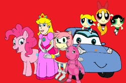 Size: 900x593 | Tagged: dead source, source needed, useless source url, safe, artist:kylgrv, imported from derpibooru, pinkie pie, earth pony, hedgehog, human, pony, amy rose, blossom (powerpuff girls), bubbles (powerpuff girls), buttercup (powerpuff girls), car, cars (pixar), crossover, downvote bait, mario, porsche, porsche 911, porsche 911 carrera, porsche 996, princess peach, red background, sally carrera, simple background, sonic the hedgehog (series), super mario bros., the backyardigans, the powerpuff girls, uniqua, wat