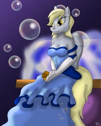 Size: 2541x3172 | Tagged: safe, artist:collinscorpio, imported from derpibooru, derpy hooves, anthro, breasts, bubble, busty derpy hooves, clothes, dress, earring, female, fountain, gloves, gown, high res, jewelry, muffin, necklace