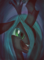 Size: 1408x1920 | Tagged: safe, artist:celysus, imported from derpibooru, queen chrysalis, changeling, changeling queen, bust, crown, fangs, female, frown, hair over one eye, jewelry, open mouth, regalia, smiling, solo