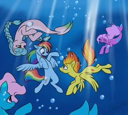 Size: 1000x900 | Tagged: safe, artist:calicopikachu, imported from derpibooru, rainbow dash, spitfire, hippocampus, merpony, pegasus, pony, bubble, female, free diving, lesbian, mare, shipping, spitdash, swimming, underwater