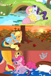 Size: 1500x2250 | Tagged: safe, artist:calicopikachu, imported from derpibooru, applejack, fluttershy, pinkie pie, rainbow dash, rarity, twilight sparkle, earth pony, pegasus, pony, unicorn, apple, appledash, bed, blushing, bridge, cheek kiss, cuddling, cute, eyes closed, female, flarity, frown, hug, hug from behind, kissing, lesbian, magic, mane six, mare, on back, open mouth, prone, reading, river, shipping, sitting, sleeping, smiling, snuggling, stream, telekinesis, tree, twinkie, under the tree