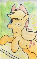 Size: 742x1179 | Tagged: safe, artist:slightlyshade, imported from derpibooru, applejack, pony, female, one eye closed, solo, traditional art