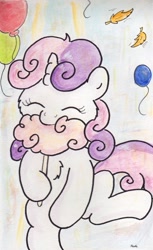 Size: 739x1210 | Tagged: safe, artist:slightlyshade, imported from derpibooru, sweetie belle, pony, cotton candy, cute, female, food, solo, traditional art