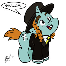 Size: 600x600 | Tagged: safe, artist:ronald-mack, imported from derpibooru, snips, pony, unicorn, circumcision, circumcision joke, clothes, colt, dialogue, jewnicorn, judaism, male, mohel, open mouth, payots, simple background, solo, speech bubble, white background