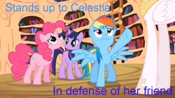 Size: 960x540 | Tagged: safe, edit, edited screencap, imported from derpibooru, screencap, pinkie pie, princess celestia, rainbow dash, twilight sparkle, lesson zero, blue text, image macro