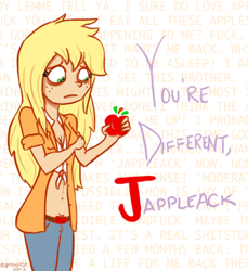 Size: 500x546 | Tagged: safe, artist:nepetaquest, imported from derpibooru, applejack, human, apple.mov, apple, female, humanized, jappleack, message, solo, vulgar