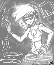 Size: 500x600 | Tagged: safe, artist:johnjoseco, imported from derpibooru, dj pon-3, vinyl scratch, human, female, grayscale, humanized, monochrome, solo