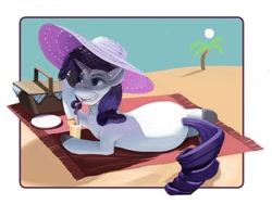 Size: 850x680 | Tagged: safe, artist:kevinsano, imported from derpibooru, rarity, pony, unicorn, back twist, beach, beach blanket, drink, drinking straw, female, hat, picnic blanket, solo, sun hat