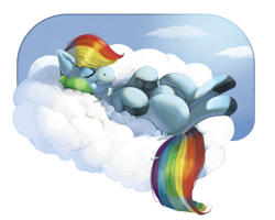 Size: 831x664 | Tagged: safe, artist:kevinsano, imported from derpibooru, rainbow dash, pony, cloud, cloudy, eyes closed, female, hippo snout, on a cloud, on back, solo