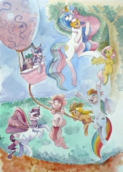 Size: 573x800 | Tagged: safe, artist:kevinsano, imported from derpibooru, applejack, fluttershy, pinkie pie, princess celestia, rainbow dash, rarity, spike, twilight sparkle, alicorn, earth pony, pegasus, pony, unicorn, butterfly wings, flying, glimmer wings, hot air balloon, mane six, rope, traditional art, watercolor painting, wingless, wings