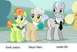 Size: 961x644 | Tagged: safe, edit, edited screencap, imported from derpibooru, screencap, justah bill, lady justice, mayor mare, swift justice, tall order, a friend in deed, cropped, judge, names, naming, politics, smile song