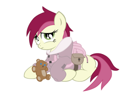 Size: 2784x2208 | Tagged: safe, artist:shadawg, imported from derpibooru, roseluck, earth pony, pony, backpack, bag, clothes, female, filly, foal, high res, lying, missing cutie mark, simple background, solo, teddy bear, transparent background, younger