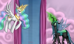 Size: 1332x800 | Tagged: safe, artist:nefertie, imported from derpibooru, princess celestia, queen chrysalis, alicorn, changeling, changeling queen, pony, female, glowing horn