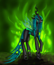 Size: 900x1081 | Tagged: safe, artist:nefertie, imported from derpibooru, queen chrysalis, changeling, changeling queen, crown, fangs, female, fire, frown, jewelry, looking at you, regalia, signature, smiling, solo, standing