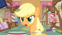 Size: 1366x768 | Tagged: safe, imported from derpibooru, screencap, applejack, pony, all new, capitalism, female, hub logo, solo, text, youtube caption, youtube link