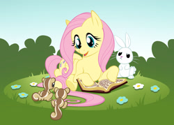 Size: 2426x1734 | Tagged: safe, artist:evanstanley, imported from derpibooru, angel bunny, fluttershy, book