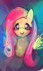 Size: 730x1200 | Tagged: safe, artist:purplekecleon, imported from derpibooru, fluttershy, pegasus, pony, abstract background, bust, female, front view, full face view, looking at you, mare, portrait, smiling, solo, wings