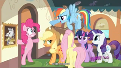 Size: 1366x768 | Tagged: safe, edit, edited screencap, imported from derpibooru, screencap, applejack, fluttershy, pinkie pie, rainbow dash, rarity, twilight sparkle, earth pony, pegasus, pony, unicorn, mmmystery on the friendship express, butt, caption, female, flutterbutt, hub logo, mane six, mare, plot, wide eyes, youtube caption, youtube link