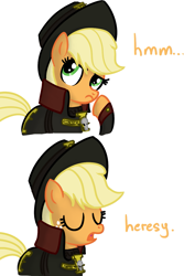 Size: 763x1140 | Tagged: safe, artist:miketheuser, imported from derpibooru, applejack, earth pony, pony, clothes, comic, crossover, dialogue, eyes closed, female, freckles, hat, heresy, imperium, inquisition, inquisitor, mare, open mouth, reaction image, simple background, warhammer (game), warhammer 40k, white background